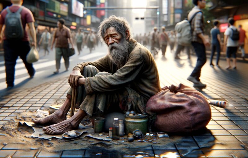 Homeless Beggar On Street